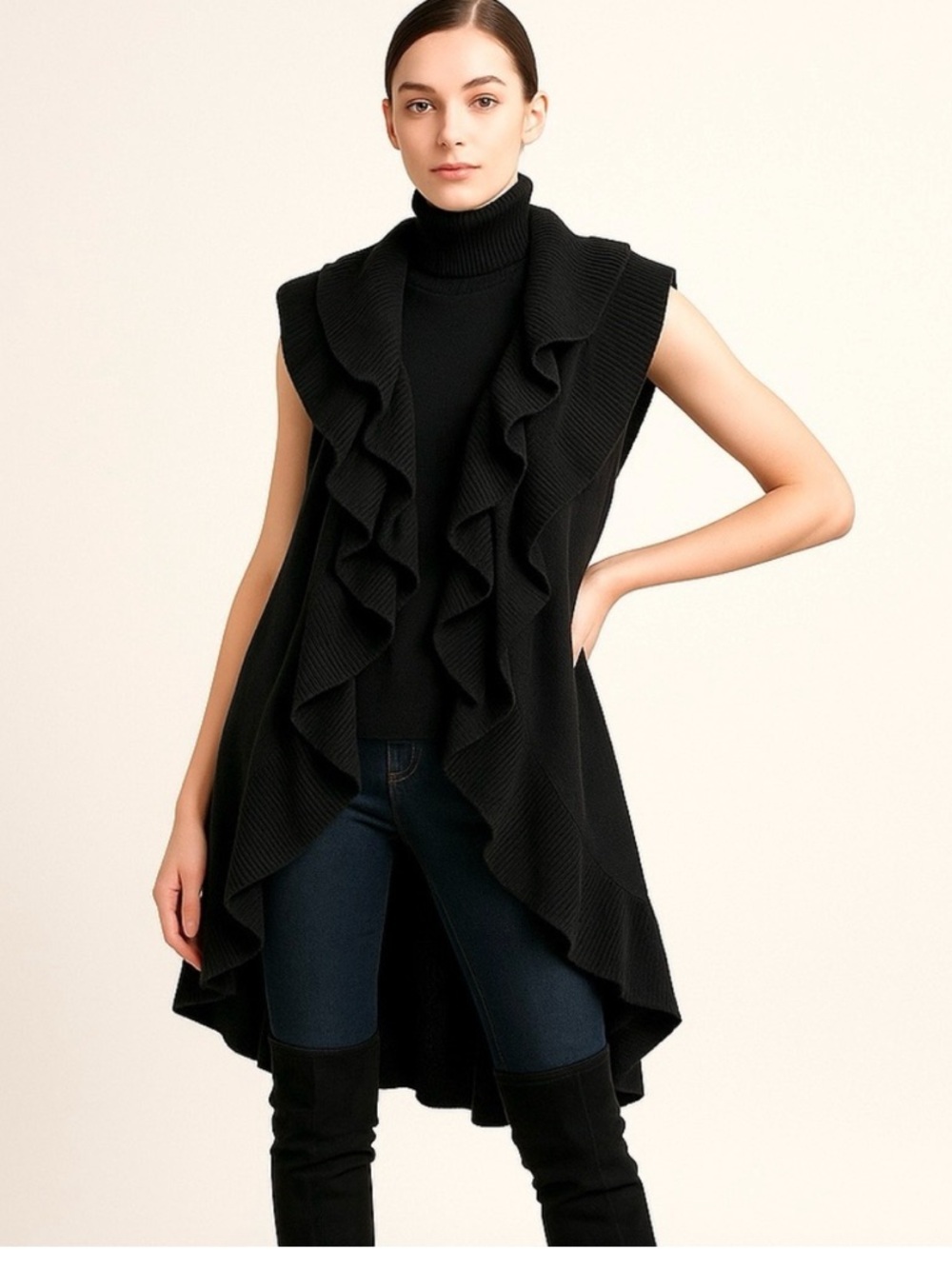 ALICE+OLIVIA Black layered ruffle knit sleeveless cardigan whimsigoth size  M